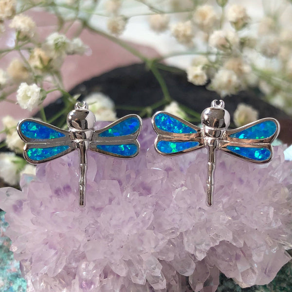 Opal Dragonfly Earrings - Sterling Silver Studs - AlphaVariable