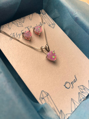 Pink Opal Heart Earrings + Necklace Set - Earrings - AlphaVariable