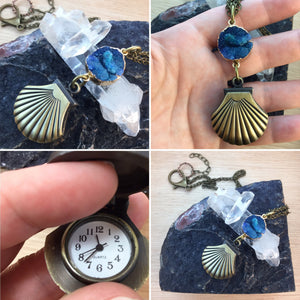 Sea Shell Druzy Pocket Watch Necklace - Pocket Watch Necklace - AlphaVariable