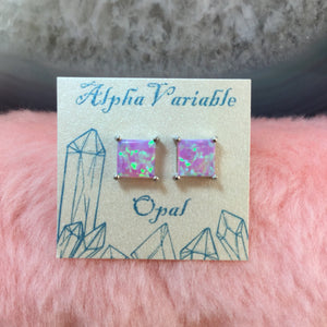 Sterling Silver Opal Earrings Pink Square - Earrings - AlphaVariable