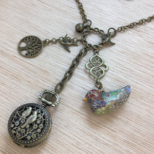 Cloisonne Bird + Watch Necklace - Necklace - AlphaVariable