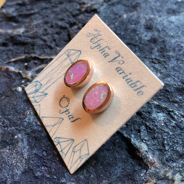 Rose Gold Oval Pink Opal Earrings - Earrings - AlphaVariable