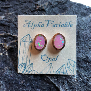Rose Gold Oval Pink Opal Earrings - Earrings - AlphaVariable