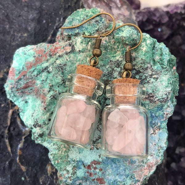 Rose Quartz Apothecary Bottle Earrings - Earrings - AlphaVariable