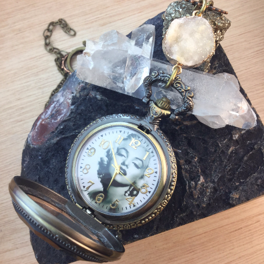 Steampunk Gear & Druzy Marilyn Monroe Pocket Watch Necklace - Pocket Watch Necklace - AlphaVariable
