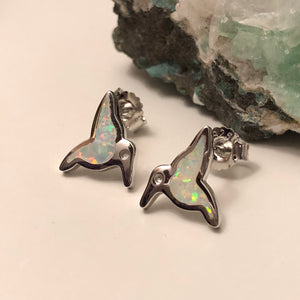 Blue Opal Hummingbird Earrings - Sterling Silver Studs - AlphaVariable