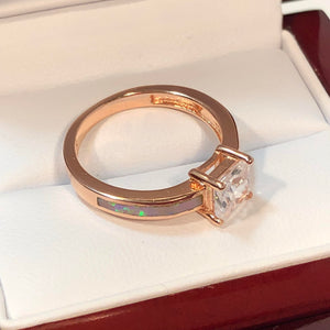 Rose Gold Pink Lab Opal Engagement Ring - Ring - AlphaVariable