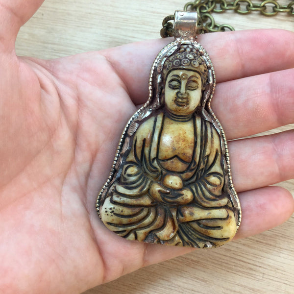 Carved Bone Buddha Necklace - Necklace - AlphaVariable