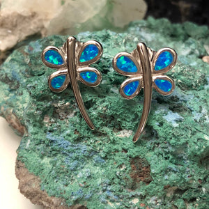 Blue Opal Dragonfly Earrings - Sterling Silver Studs - AlphaVariable