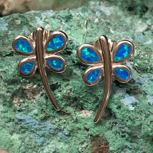 Blue Opal Dragonfly Earrings - Sterling Silver Studs - AlphaVariable