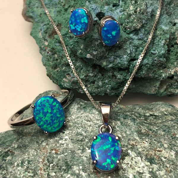 Blue Opal Ring + Necklace + Earrings Jewelry Set - Jewelry Sets - AlphaVariable