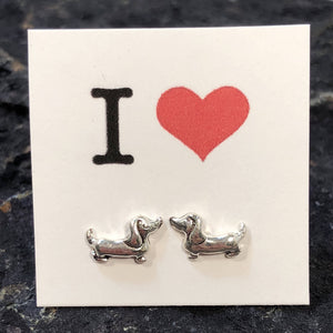 I Love Dachshunds Earrings - Sterling Silver Studs - AlphaVariable
