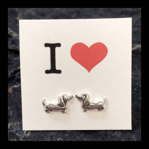 I Love Dachshunds Earrings - Sterling Silver Studs - AlphaVariable