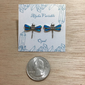 Opal Dragonfly Earrings - Sterling Silver Studs - AlphaVariable