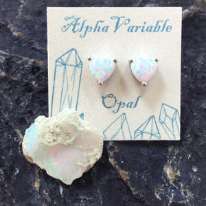 Sterling Silver Opal Heart Stud Earrings - Earrings - AlphaVariable