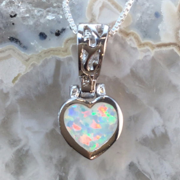 Sterling Silver Opal Heart Necklace - Necklace - AlphaVariable
