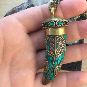 Coral and Turquoise Brass Horn Necklace -  - AlphaVariable