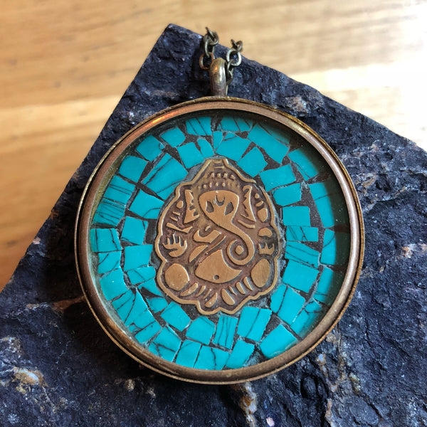 Vintage Turquoise Ganesha Mosaic Necklace -  - AlphaVariable