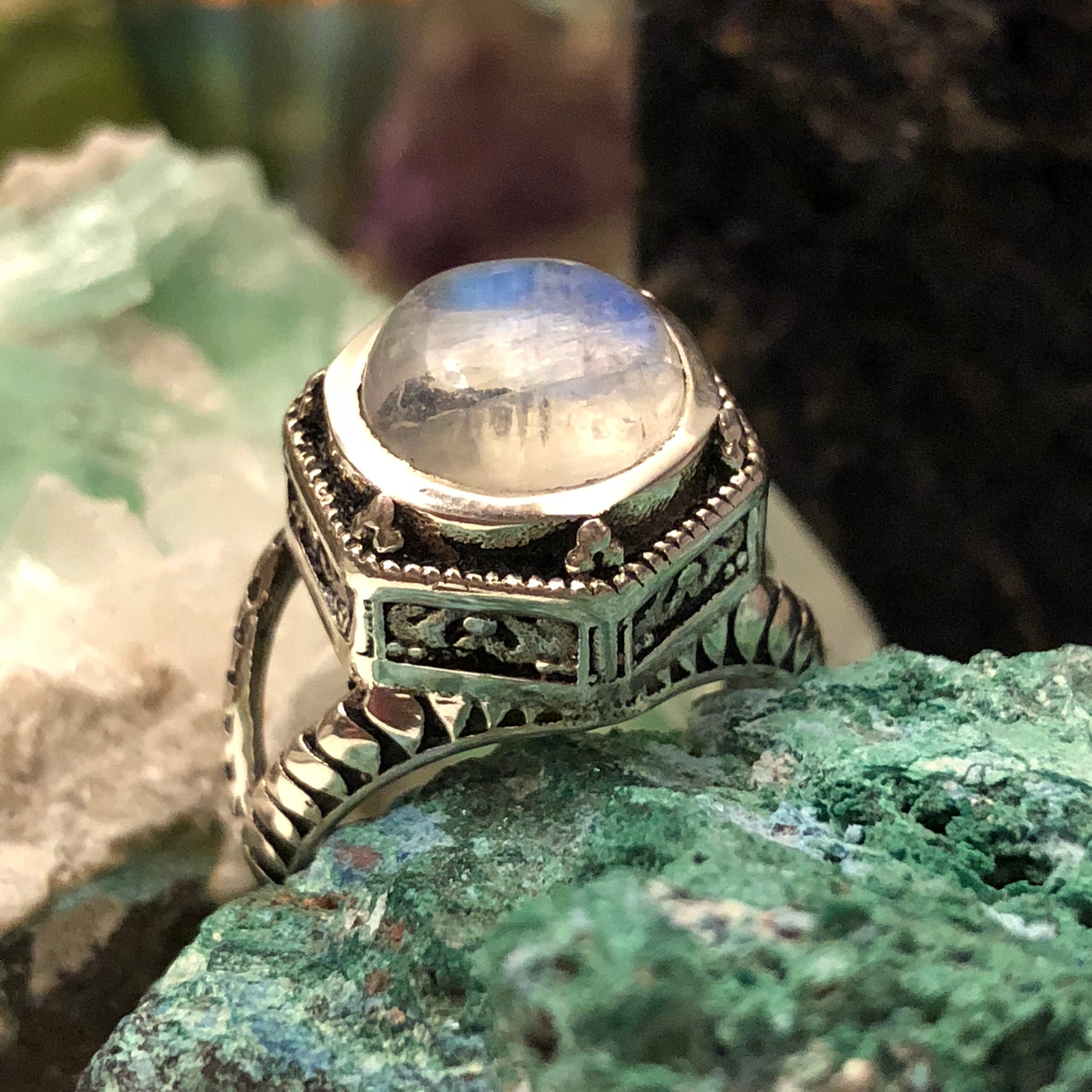 Boho Rainbow Moonstone Silver Ring - Studio Jewellery US