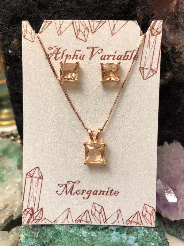 Rose Gold Morganite Earrings + Necklace Set - Jewelry Sets - AlphaVariable