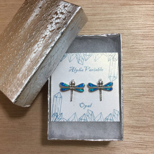 Opal Dragonfly Earrings - Sterling Silver Studs - AlphaVariable