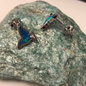 Opal Hummingbird Earrings - Sterling Silver Studs - AlphaVariable