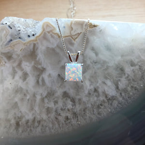 Sterling Silver Square Opal Necklace - Necklace - AlphaVariable