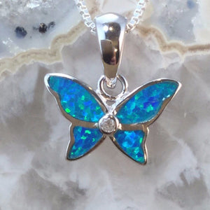 Opal Butterfly Necklace in Blue Velvet Gift Box - Necklace - AlphaVariable