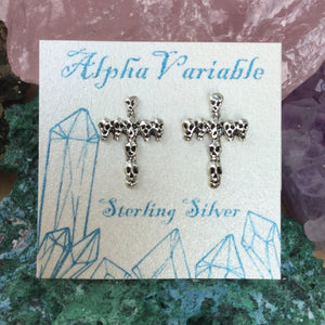 Skull Cross Earrings - Sterling Silver Studs - AlphaVariable