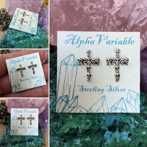 Skull Cross Earrings - Sterling Silver Studs - AlphaVariable