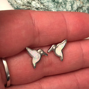 Blue Opal Hummingbird Earrings - Sterling Silver Studs - AlphaVariable